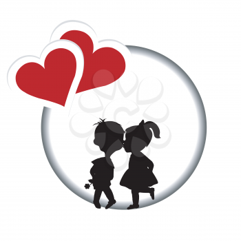 Round frame with silhouette of a boy and a girl kissing and two hearts