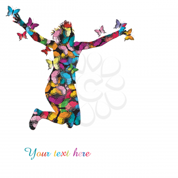 Collorful illustration with silhouette of woman jumping and colored butterflies