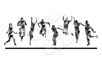 Black and white geometrical pattern people silhouettes jumping