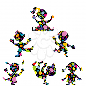 Doodle cartoon kids with colored dots pattern