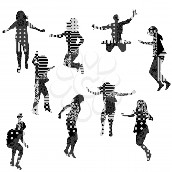 Silhouettes of jumping children with geometric pattern