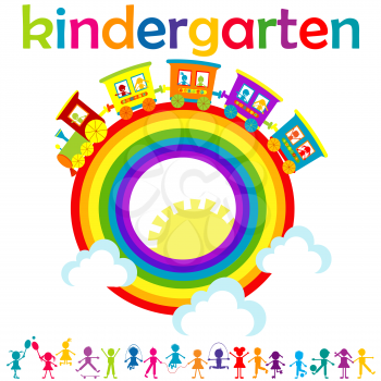 Kindergarten poster with kids and cartoon train over rainbow