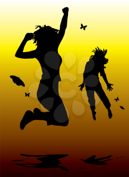 Royalty Free Clipart Image of Two Leaping Girls