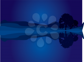 Royalty Free Clipart Image of a Blue Background With a Tree in Silhouette on a Blue Band