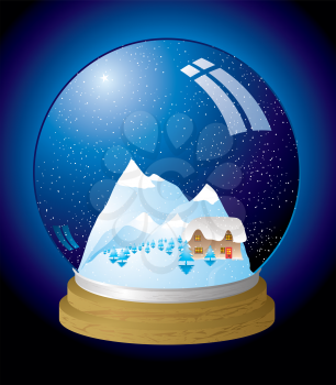 Royalty Free Clipart Image of a Snow Globe With Mountains and a Cabin
