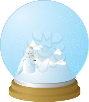 Royalty Free Clipart Image of Mountains and a Snowman in a Snow Globe
