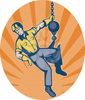 Royalty Free Clipart Image of a Construction Work on a Hook