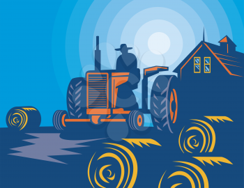 Royalty Free Clipart Image of a Farmer on a Tractor and Round Bales