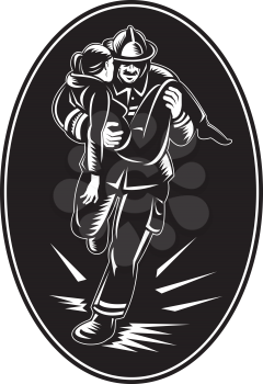 Royalty Free Clipart Image of a Firefighter Carrying a Girl