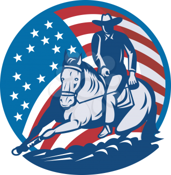Royalty Free Clipart Image of a Rodeo Cowboy in Front of Stars and Stripes