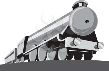 Illustration of a steam train locomotive viewed from a low angle done in retro style on isolated white background.
