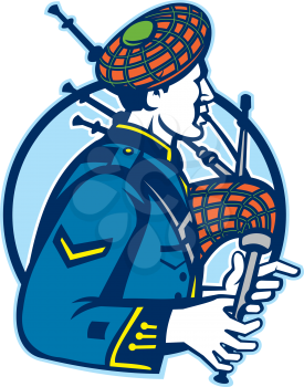 Illustration of a scotsman bagpiper playing bagpipes viewed from side set inside circle.