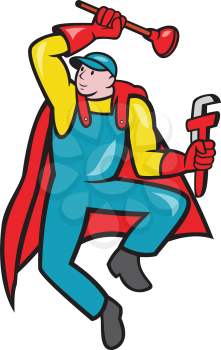 Illustration of a superhero super plumber jumping with cape holding monkey wrench and plunger done in cartoon style on isolated background.