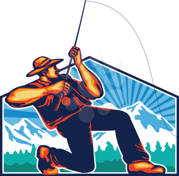 Illustration of a fly fisherman fishing casting rod and reel reeling viewed from with trees and snow mountains in background done in retro style