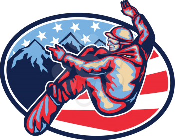 Illustration of a snowboarding spin jumping on snowboard set inside oval with alpine alps mountains and American stars and stripes flag in background done in retro style.