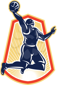 Illustration of a basketball player rebounding lay up dunking the ball set inside shiled crest done in retro style.