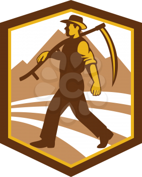 Illustration of a farmer farm worker holding scythe walking facing side set inside shield crest on isolated background done in retro style.