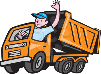 Illustration of a dump truck with driver waving hello on isolated white background done in cartoon style. 