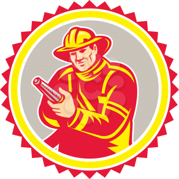 Illustration of a fireman fire fighter emergency worker holding aiming fire hose viewed from front set inside rosette shape on isolated background done in retro style.