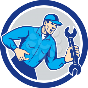 Illustration of a mechanic wearing hat shouting yelling holding spanner wrench looking to the side set inside circle on isolated background done in retro style.