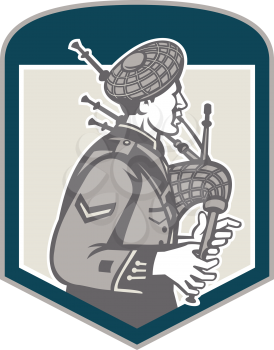 Illustration of a scotsman bagpiper playing bagpipes viewed from side set inside shield crest on isolated background done in retro woodcut style.