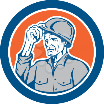 Illustration of a builder construction worker tipping hardhat set inside circle on isolated background done in retro style. 