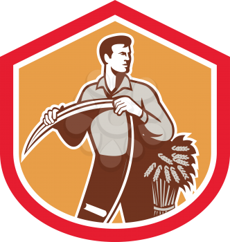 Illustration of an organic farmer farm worker holding scythe facing front with wheat set inside shield crest on isolated background done in retro style.