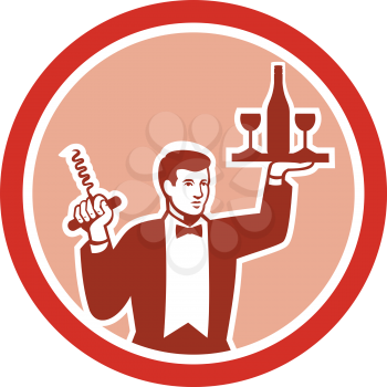 Illustration of a waiter holding serving wine glass bottle on platter holding a corkscrew facing front set inside circle on isolated background done in retro style.