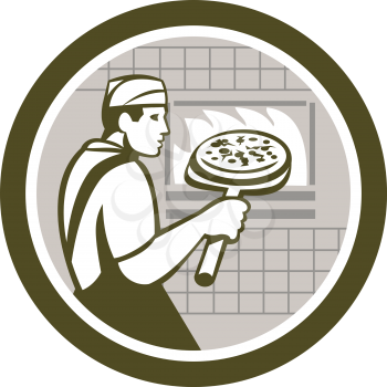 Illustration of a baker pizza maker holding a peel with pizza pie into a brick oven viewed from side done in retro style on isolated white background.