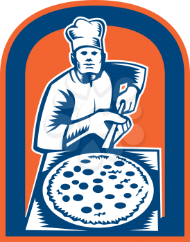 Illustration of a baker pizza maker holding a pizza peel viewed from front set inside shield done in woodcut retro style. 