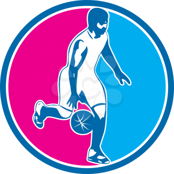 Illustration of a basketball player dribbling ball facing side set inside circle done in retro style. 