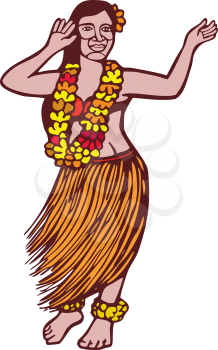 Illustration of a polynesian hawaiian dancer with grass skirt with lei dancing hula on isolated white background done in woodcut linocut style. 