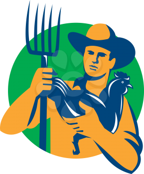 Illustration of organic farmer with pitchfork holding chicken facing front set inside circle on isolated background done in retro style. 