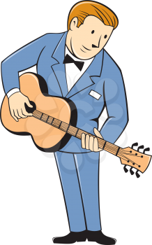 Illustration of a musician guitarist standing playing guitar set  on isolated white background done in cartoon style. 