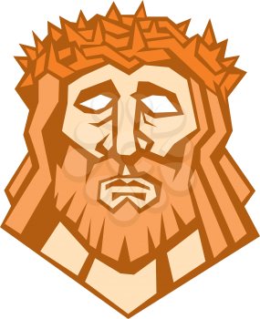 Illustration of Jesus Christ face with crown of thorns set on isolated white background done in retro style. 