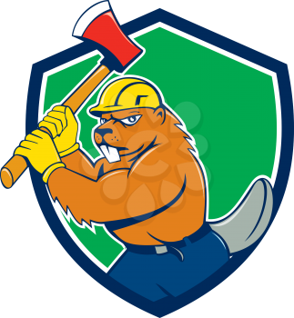 Illustration of a beaver lumberjack wearing hard hat wielding an ax set inside shield crest on isolated background done in cartoon style.