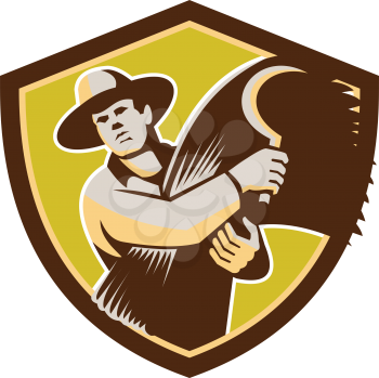 Illustration of a farmer farm worker holding scythe and wheat harvest facing front set inside shield crest on isolated background done in retro style.