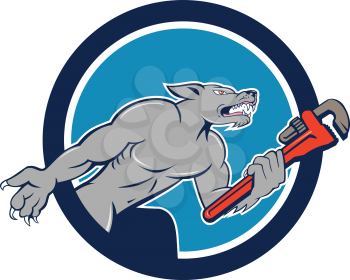 Illustration of a wolf plumber holding monkey wrench viewed from side set on isolated background inside circle done in cartoon style. 