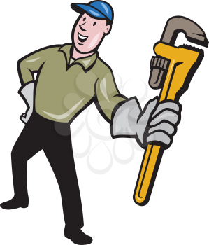 Illustration of a plumber with gloves standing holding presenting monkey wrench set on isolated white background done in cartoon style.