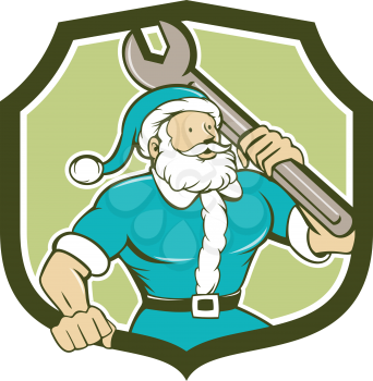 Illustration of santa claus saint nicholas father christmas mechanic carrying spanner wrench looking to the side set inside shield crest on isolated background done in cartoon style. 