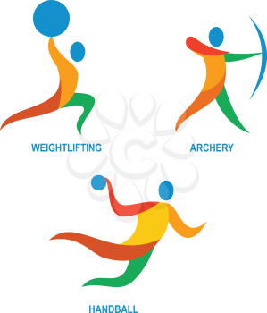 Icon illustration showing athlete playing the sport of weightlifting, archery and handball. 