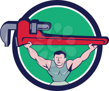 Illustration of a plumber weightlifter lifting giant monkey wrench over head viewed from front set inside circle on isolated background done in cartoon style. 