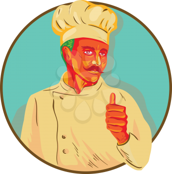 WPA style illustration of a chef with mustache doing a thumbs up viewed from the front set inside circle. 