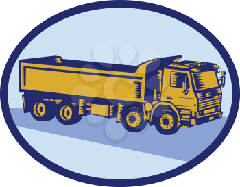 Illustration of a dump truck viewed the side set inside oval shape done in retro woodcut style. 
