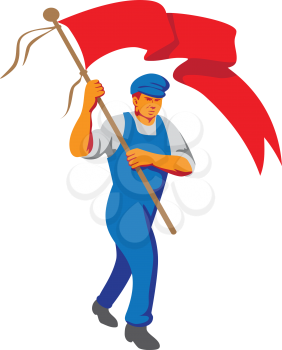 WPA style illustration of a worker marching flag bearer viewed from front set on isolated white background. 