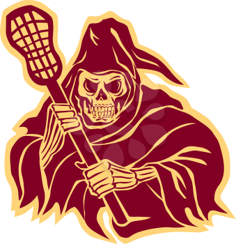 Illustration of the grim reaper lacrosse player holding a crosse or lacrosse stick defense pole viewed from front on isolated background done in retro style. 
