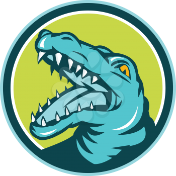 Illustration of an angry alligator crocodile head snout snapping viewed from the side set inside circle done in retro style on isolated background.