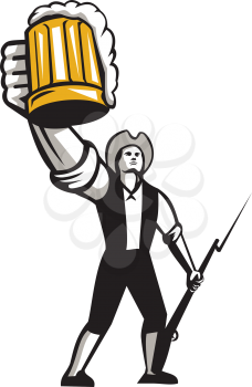 Illustration of an american patriot raising up craft beer mug toasting in one hand and holding musket bayonet on the other viewed from front set on isolated white background done in retro style. 
