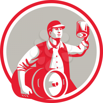 Illustration of an american worker wearing hat carrying keg on one hand and toasting beer mug on the other set inside circle on isolated background done in retro style. 