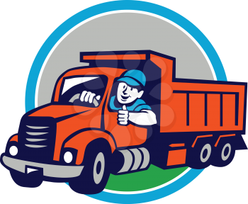 Illustration of a dump truck driver smiling and driving with thumbs up set inside circle on isolated background done in cartoon style. 
